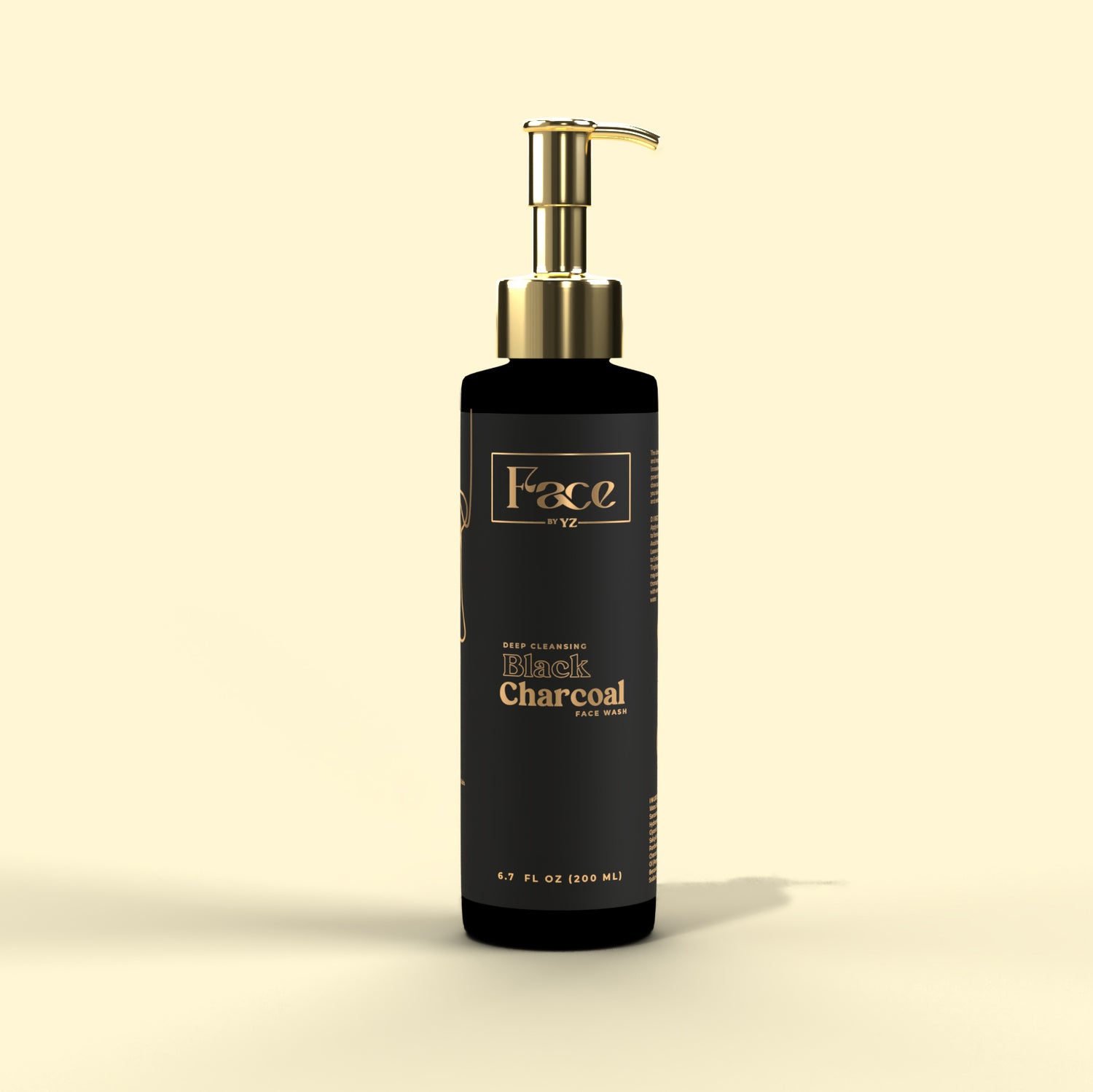 Image of a black charcoal face wash product. The product is in a sleek, modern container with clean lines and a matte black finish. The label prominently features &